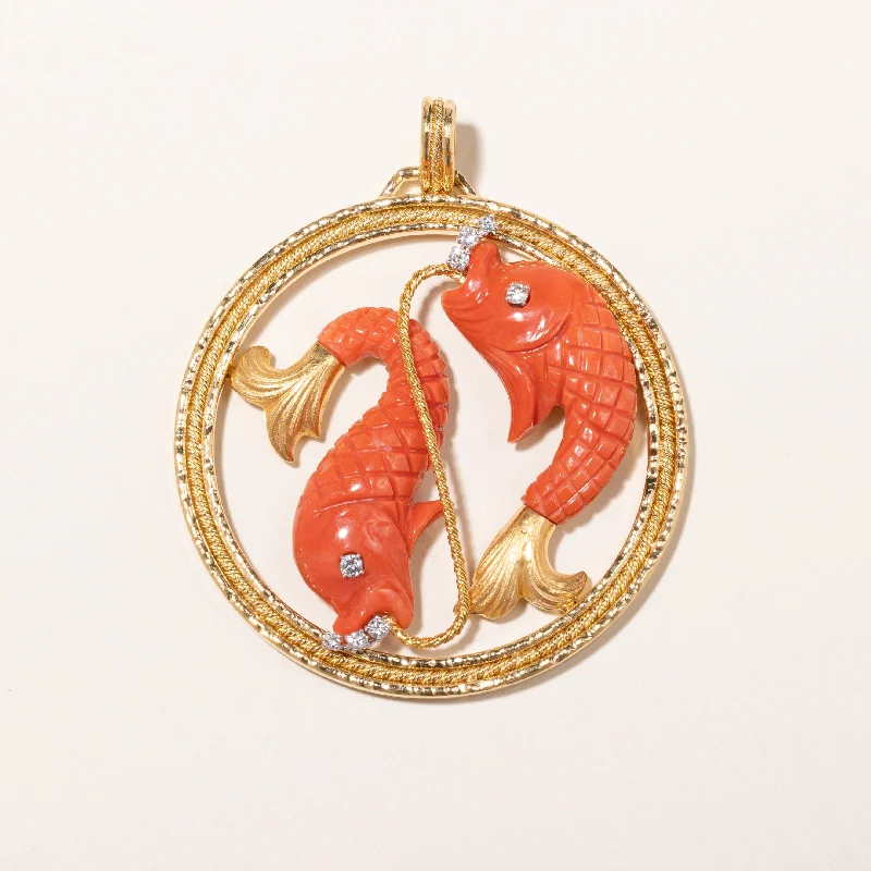 hand-stamped coordinates bracelet 18k Yellow Gold Orange Coral and Diamond Pisces Pendent | 40x18x6mm, 0.28ctw | 6x7cm hand-stamped coordinates bracelet 18k Yellow Gold Orange Coral and Diamond Pisces Pendent | 40x18x6mm, 0.28ctw | 6x7cm