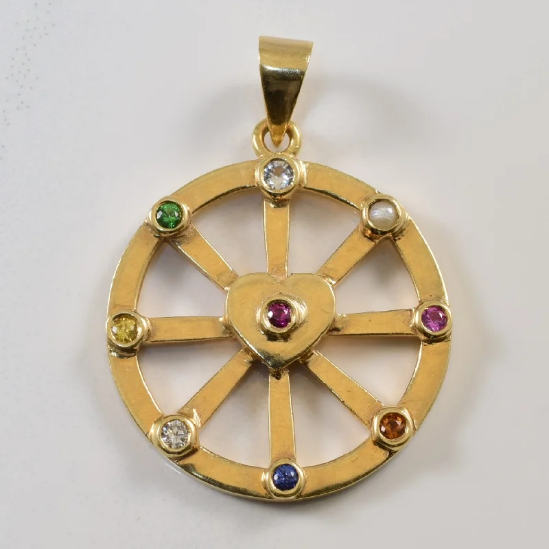 Diamond and Multi Gemstone Wheel with Heart 14k Pendant | 0.1 ctw |