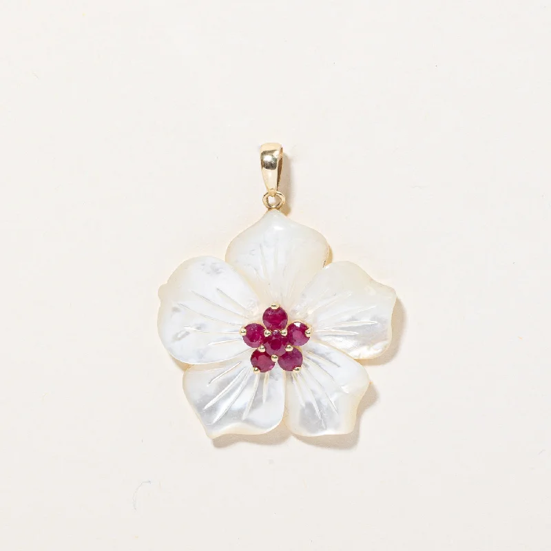 handmade gold nugget ring Ruby & Mother of Pearl Flower Pendant | 0.70ctw, 13.00ct |