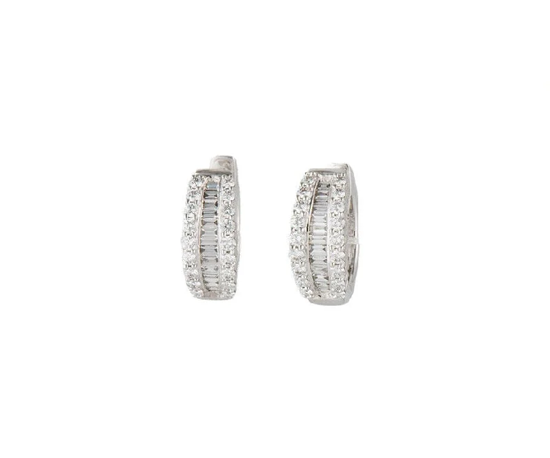 minimalist black diamond studs 1.35ctw Baguette and Round Diamond Frame Huggie Hoop Earrings in 14K