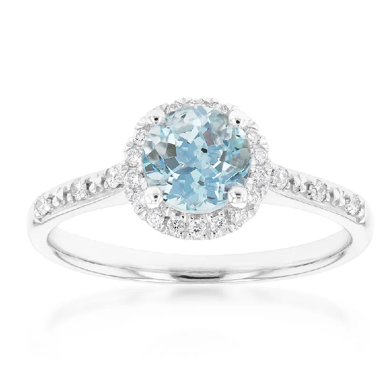 9ct White Gold 6mm Aquamarine and Diamond Halo Ring