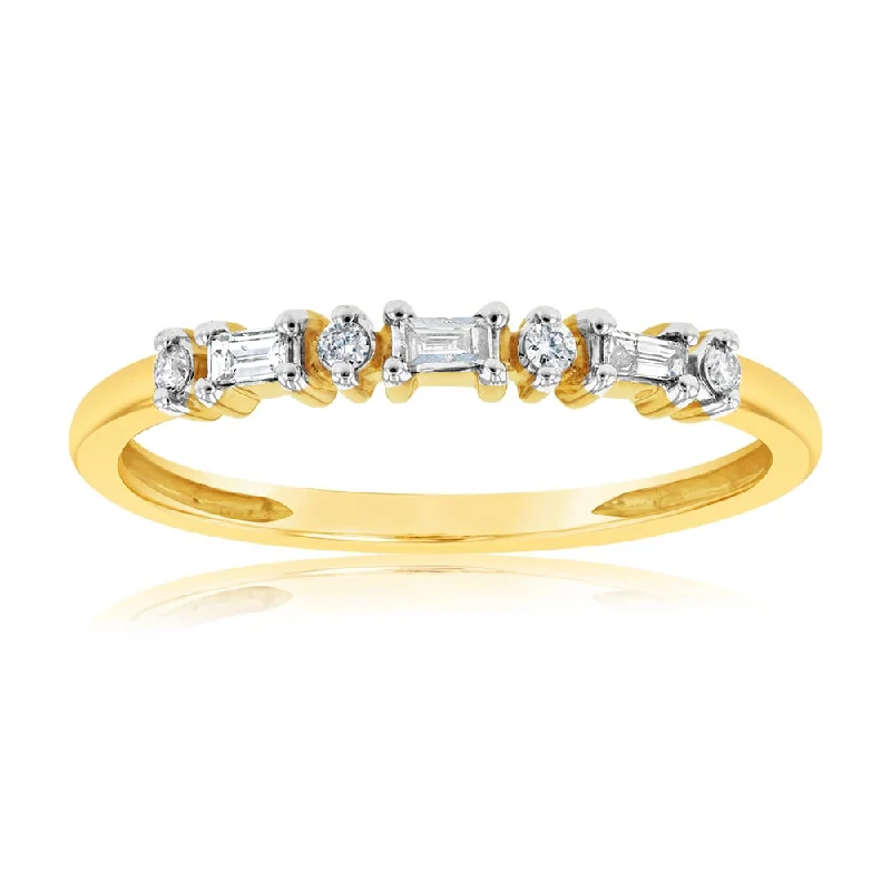 9ct Yellow Gold 0.10 Carat Diamond Eternity Ring with 4Brilliant & 3Baguette Diamonds