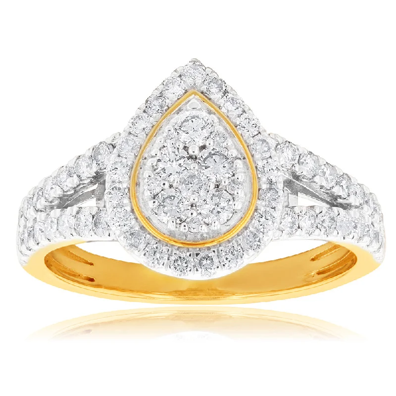 9ct Yellow Gold 1 Carat Diamond Pear Shape Cluster Split Shank Ring