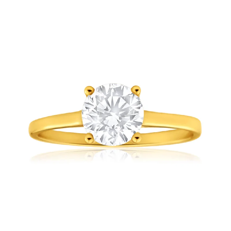 9ct Yellow Gold 6mm Brilliant Cut Cubic Zirconia 4 Claw Ring