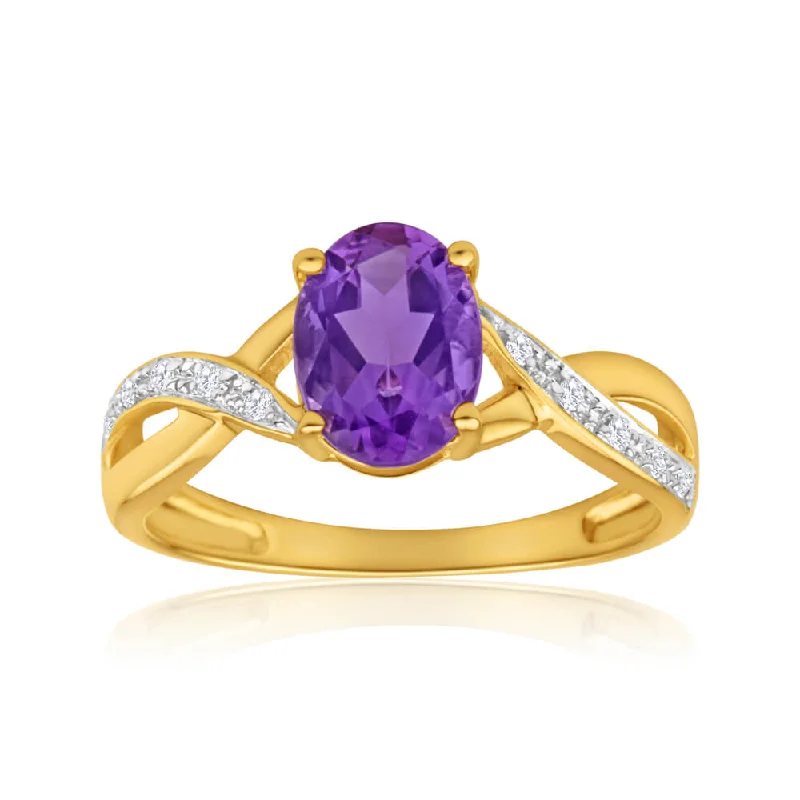 9ct Yellow Gold Amethyst + Diamond Cross Over Ring