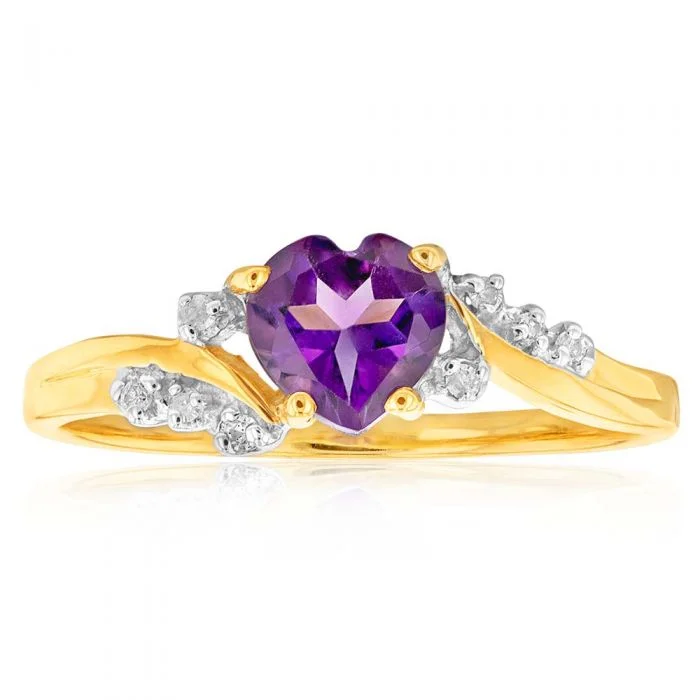 9ct Yellow Gold Amethyst Heart with 8 Diamond Ring