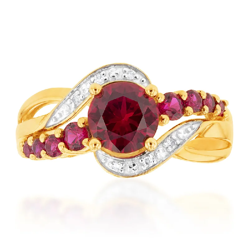 9ct Yellow Gold Created Ruby and Diamond Ring