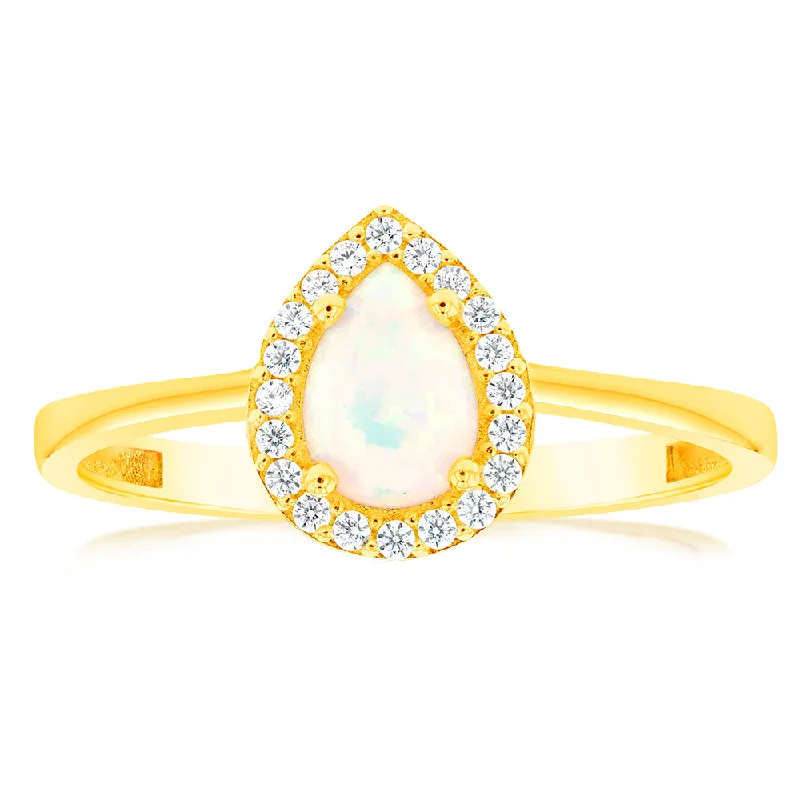 9ct Yellow Gold Cubic Zirconia And Opal Pear Ring