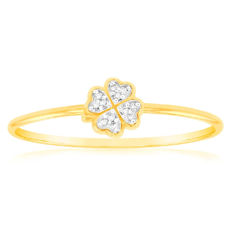 9ct Yellow Gold Diamond 4 Leaf Clover Ring with 12 Brilliant Diamonds