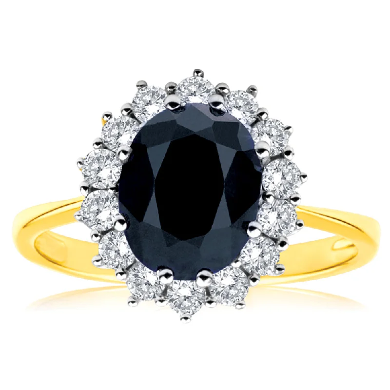 9ct Yellow Gold Natural Sapphire 2.50 Carat 9X7mm Oval with 0.50 Carat Diamonds Ring