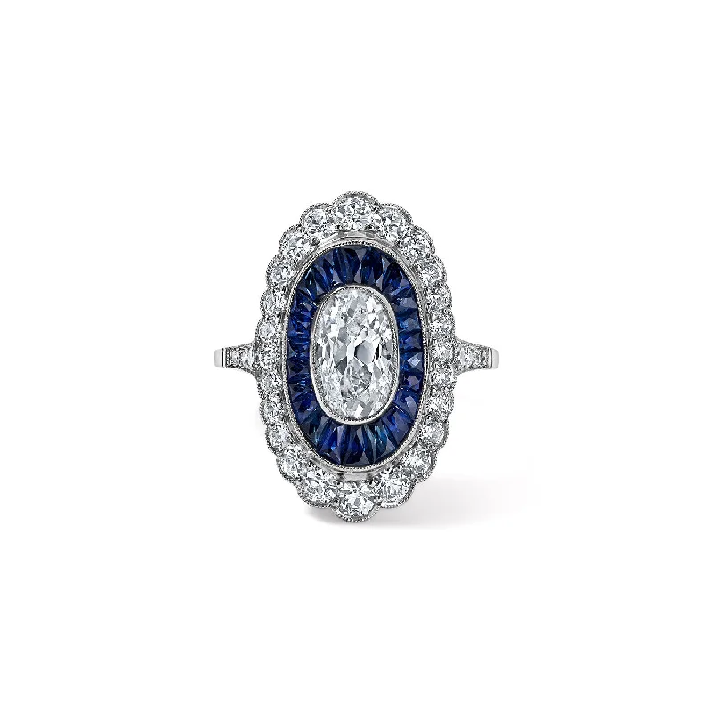 handcrafted gemstone toe ring Art Deco Diamond and Blue Sapphire Oval Ring