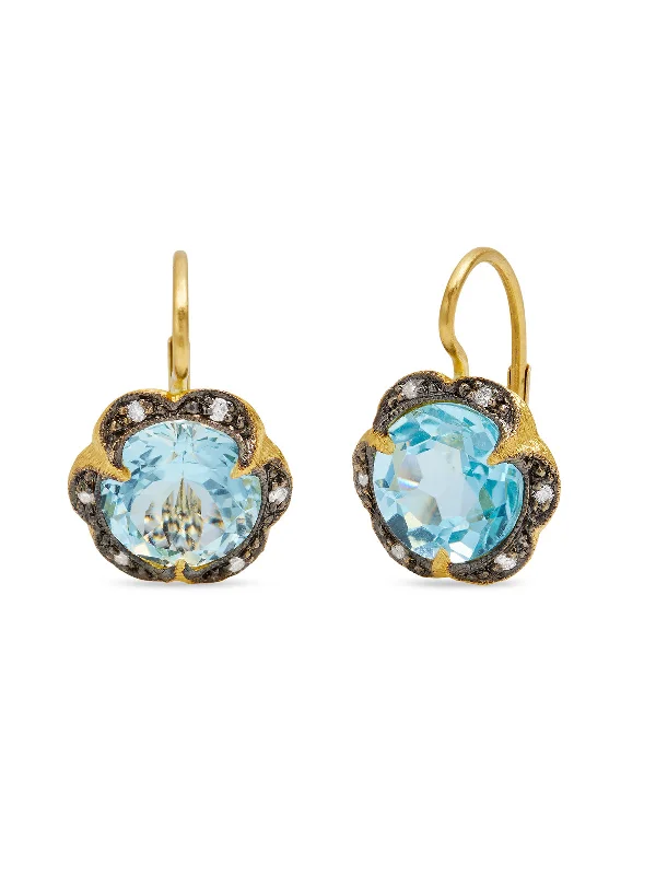 adjustable gemstone choker Blue Topaz Scalloped Frame Yellow Gold Earrings