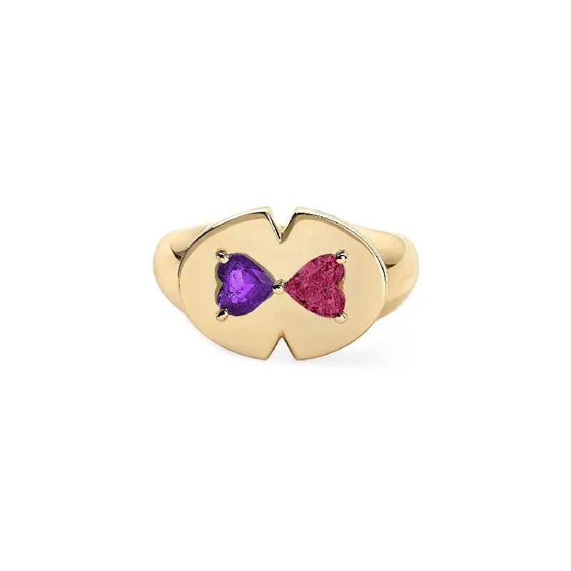 bold chunky cocktail ring Amethyst and Pink Tourmaline Heart Signet Ring