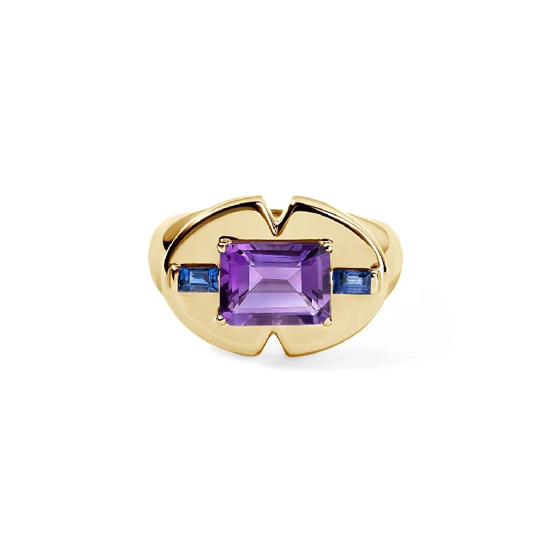 minimalist birthstone bangle Amethyst Emerald Cut and Blue Sapphire Signet Ring