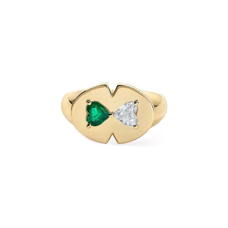 sterling silver braided ring Emerald and Diamond Heart Signet Ring