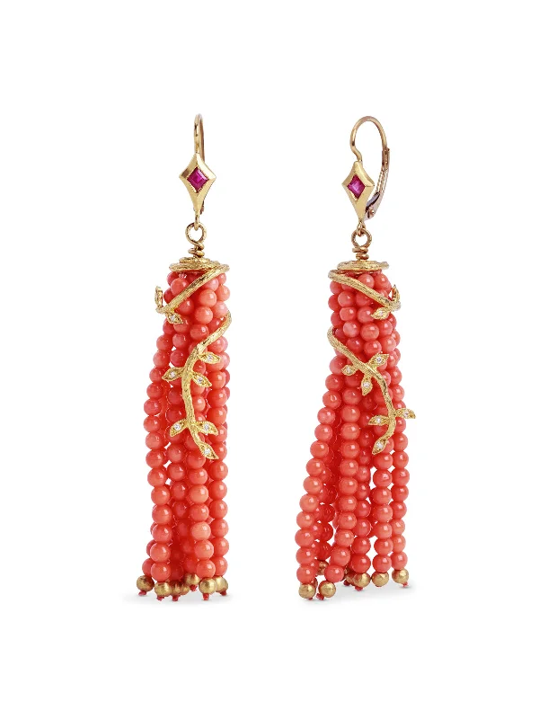 ruby and diamond engagement ring Coral and Ruby Tassel Vine Yellow Gold Earrings
