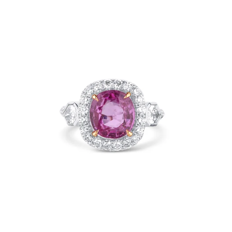 hammered gold stacking rings Custom Natural Modified Cushion Pink Sapphire Diamond Halo Ring