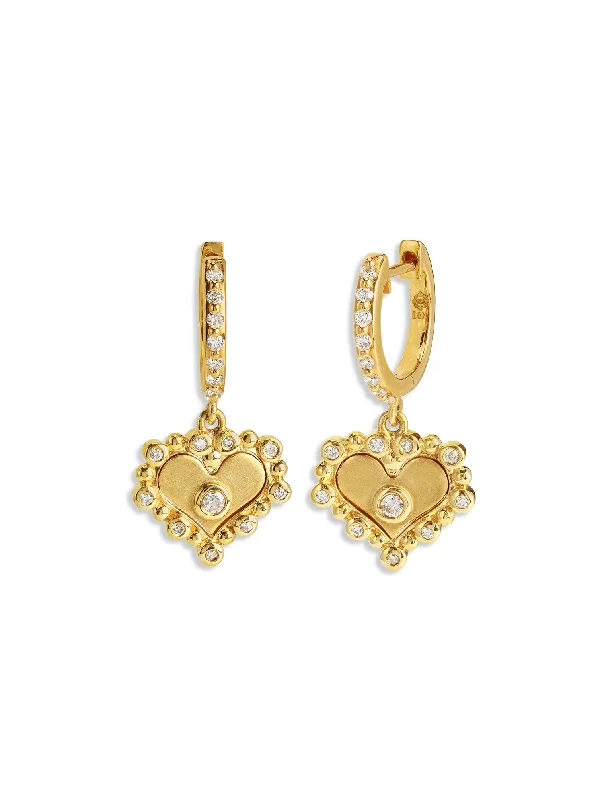 handmade leather pendant necklace Diamond Heart Yellow Gold Huggie Hoop Earrings