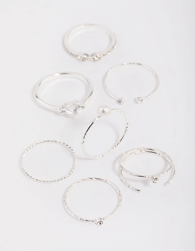 Silver Dainty Diamante & Pearl Ring Pack