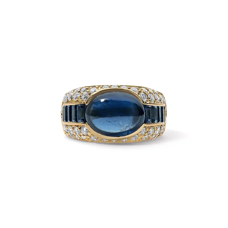 personalized coordinates ring custom Estate Blue Sapphire Cabochon Ring with Baguette Side Stones