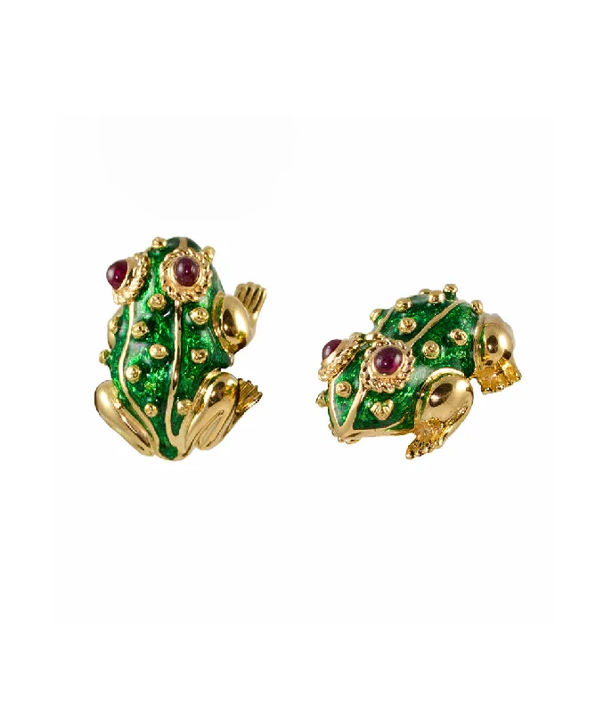 Frog Earrings, Green Enamel