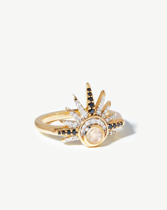 celestial sun and moon pendant Harris Reed Fine Celestial Ring | 14ct Solid Gold/Rainbow Moonstone & Diamond