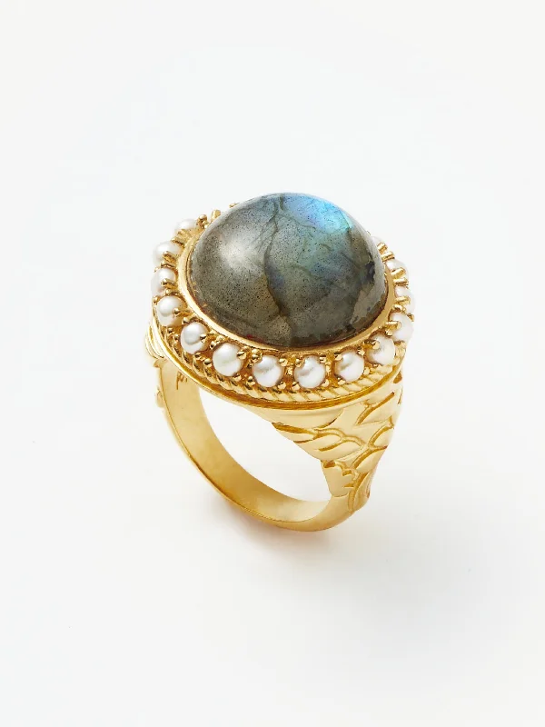 large vintage statement necklace Harris Reed Labradorite Cocktail Ring | 18ct Gold Plated/Pearl & Labradorite