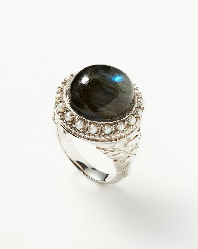rose gold cubic zirconia earrings Harris Reed Labradorite Cocktail Ring | Silver Plated/Pearl & Labradorite