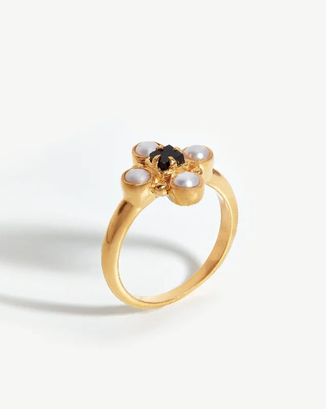 celestial moonstone ring gold Harris Reed Quartet Ring | 18ct Gold Vermeil/Pearl & Black Onyx