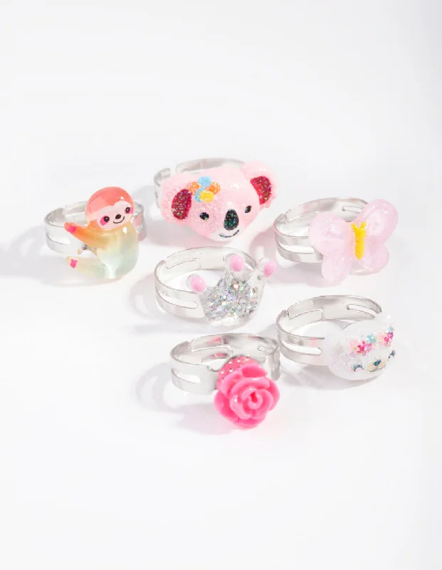 Kids Silver Sloth & Koala Ring 6-Pack