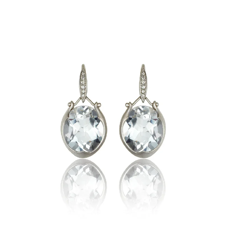 Lovebird Oval Drop Earrings with White Topaz in 18K White Gold