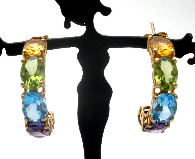 Multi Gemstone Hoop Earrings 14K Gold