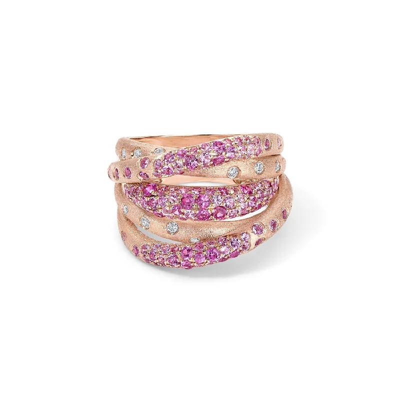 silver wave ring dainty Scattered Pink Sapphire and Ruby Multi Row Ring