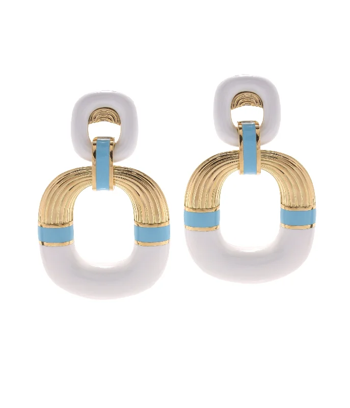 Radiator Hoop Earrings, White Enamel, Light Blue Enamel