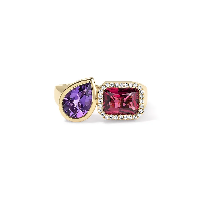 genuine ruby ring women Rhodolite and Amethyst Toi Et Moi Ring with Diamond Halo