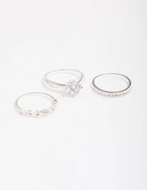 Silver Plated Cubic Zirconia Round Stone Ring Pack