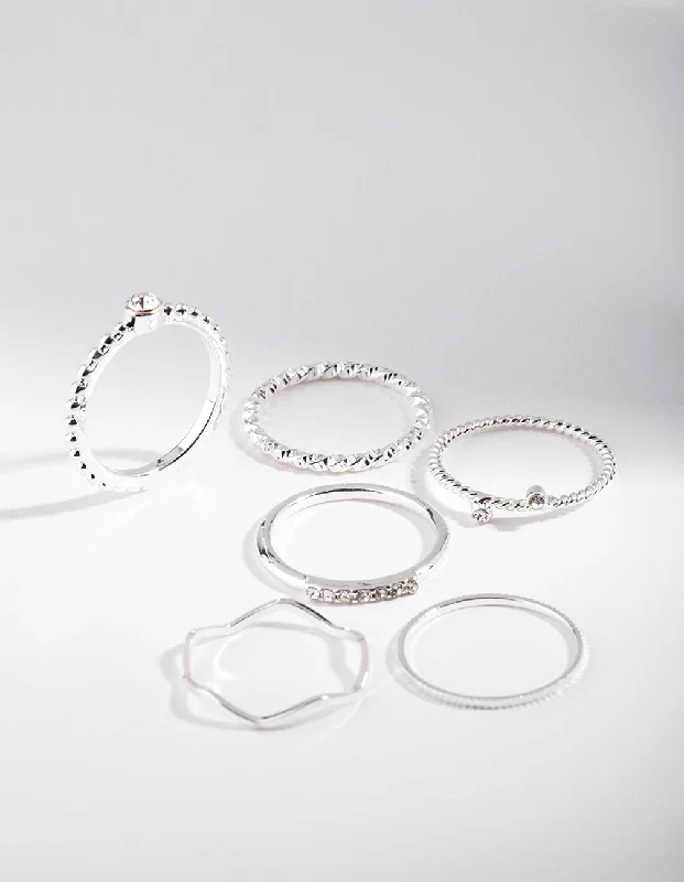 Silver Diamante Mixed Band Ring 6-Pack