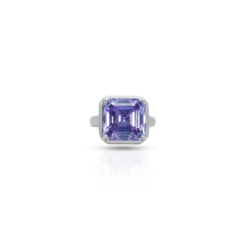 Silver Center Purple Square Shape Gem Stone Ring for Boys