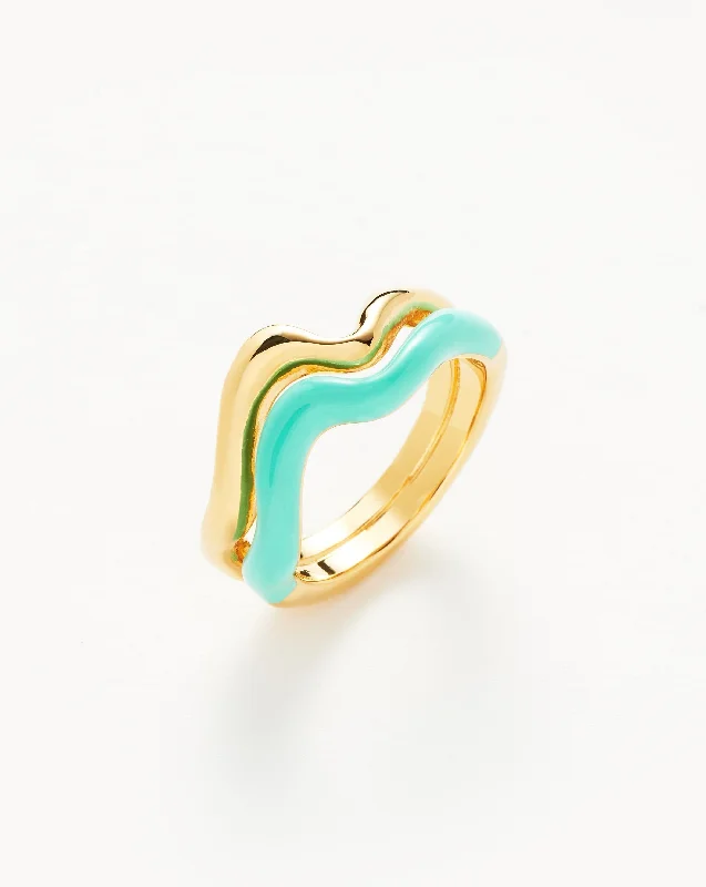 pearl stud earrings classic Squiggle Curve Two Tone Enamel Stacking Ring | 18ct Gold Vermeil/Neon Aqua