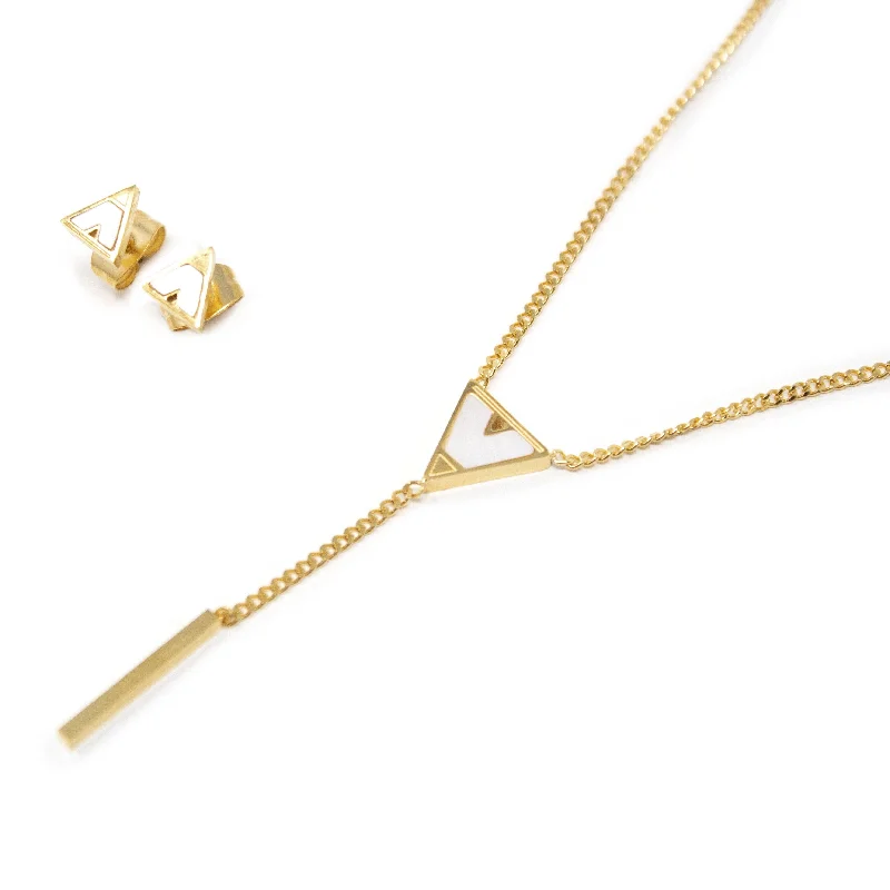 minimal gold ring stack Stainless Steel MOP Triangle Neck Earrings Set Gold Tone
