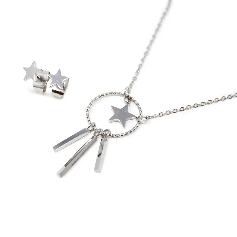 diamond halo pendant necklace Stainless Steel Star/Bars Neck Earrings Set