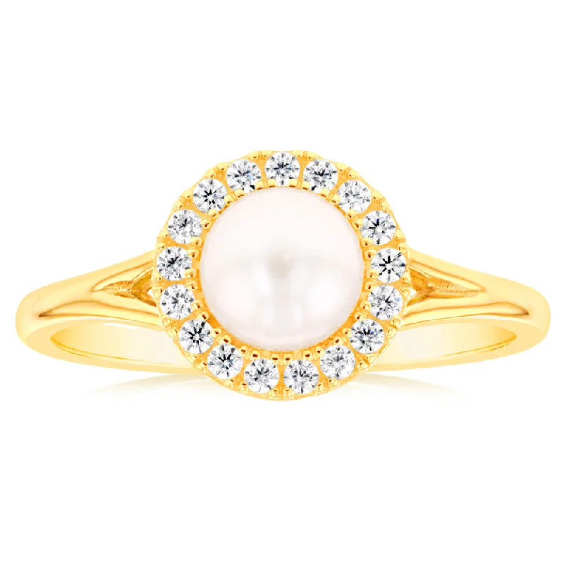 Sterling Silver 14ct Gold Plated Fresh Water Pearl And Zirconia Ring