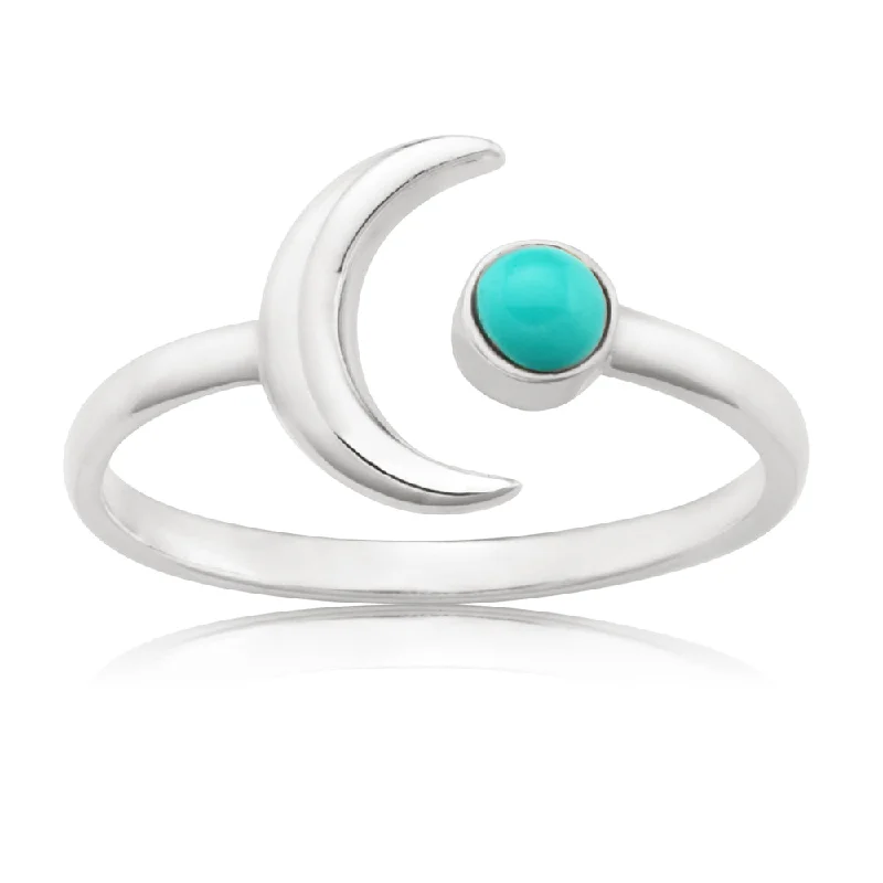 Sterling Silver Created Turquoise and Crescent Moon Ring