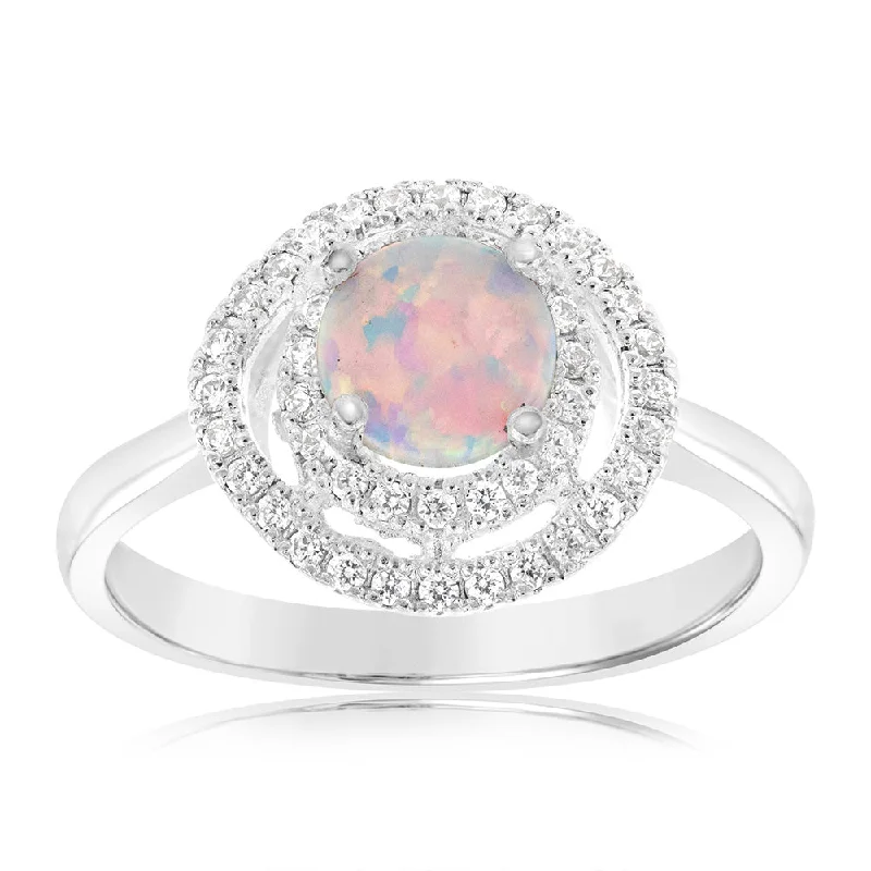 Sterling Silver Cubic Zirconia Created Opal Round Ring