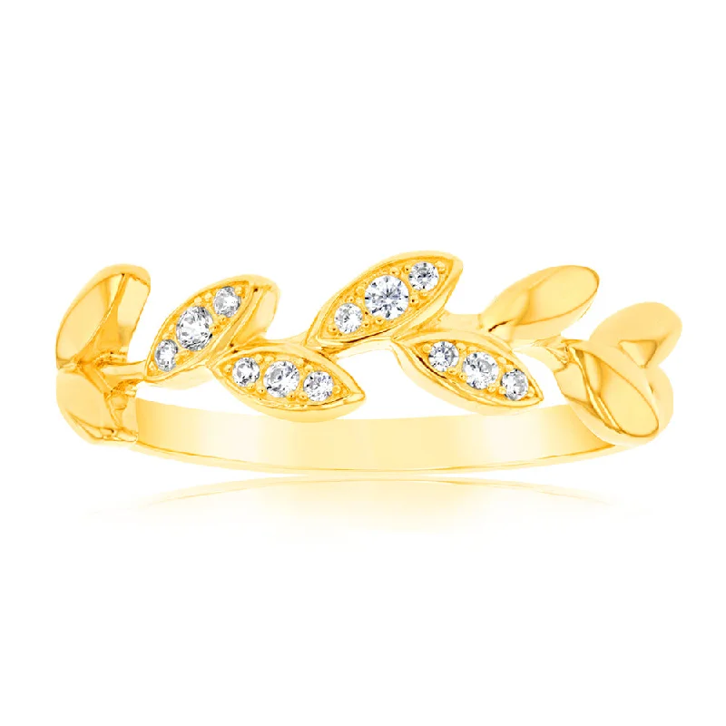 Sterling Silver Gold Plated White Zirconia Leaf Ring