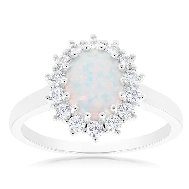 Sterling Silver Rhodium Plated Cubic Zirconia Synthetic Opal Round Ring