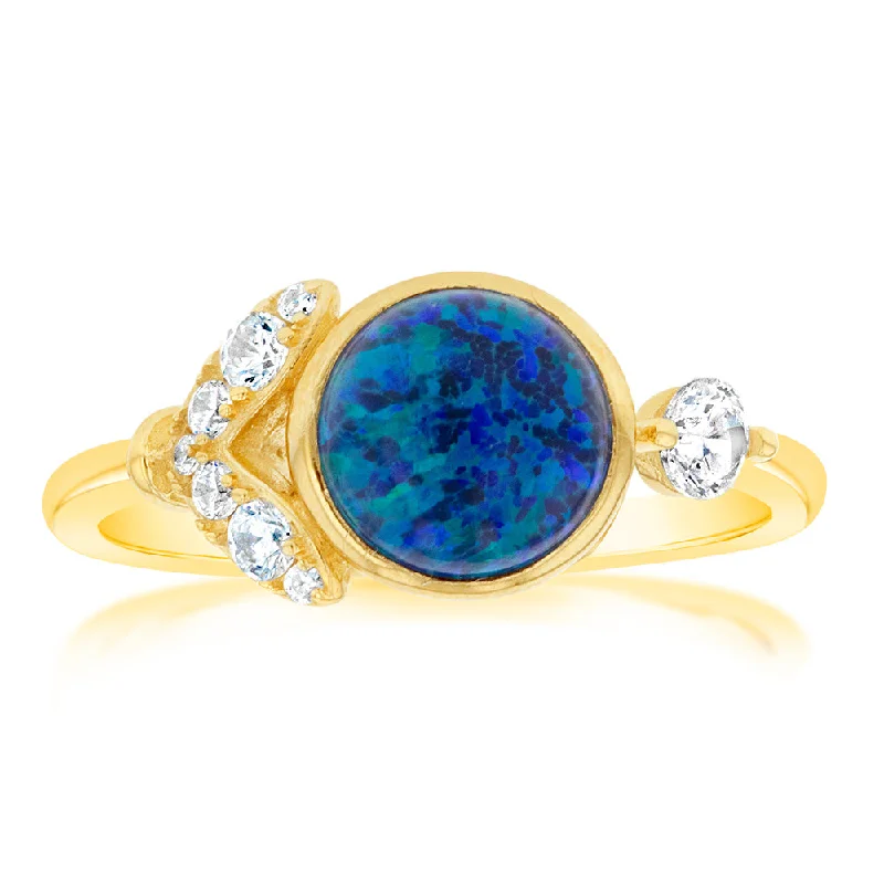 Sterling Silver Yellow Gold Plated Dark Blue Created Opal And Zirconia Ring