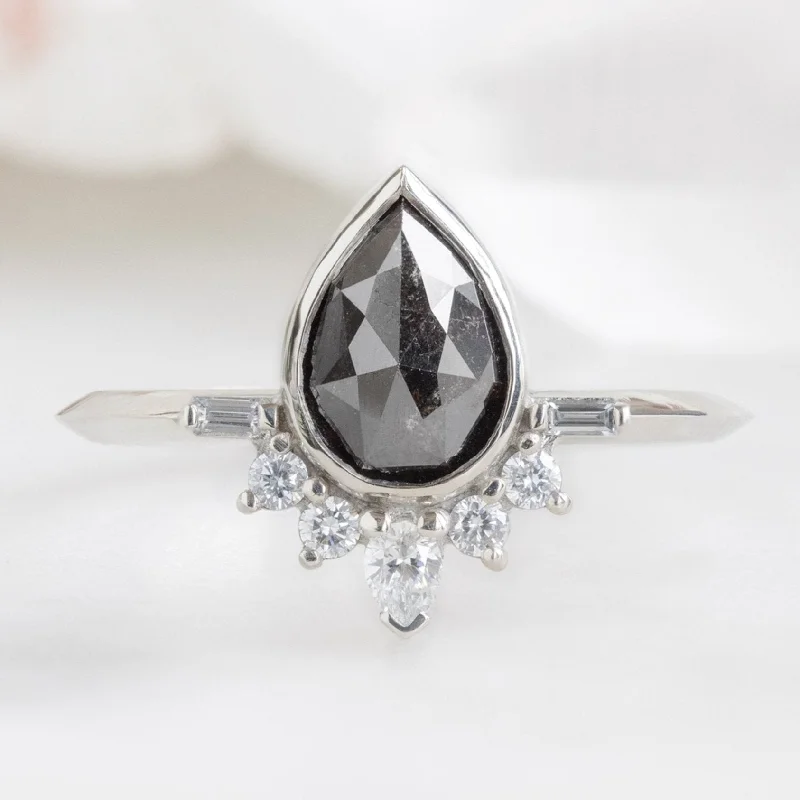 The Posy Ring | 1.29ct Pear Black Diamond in 14K White Gold