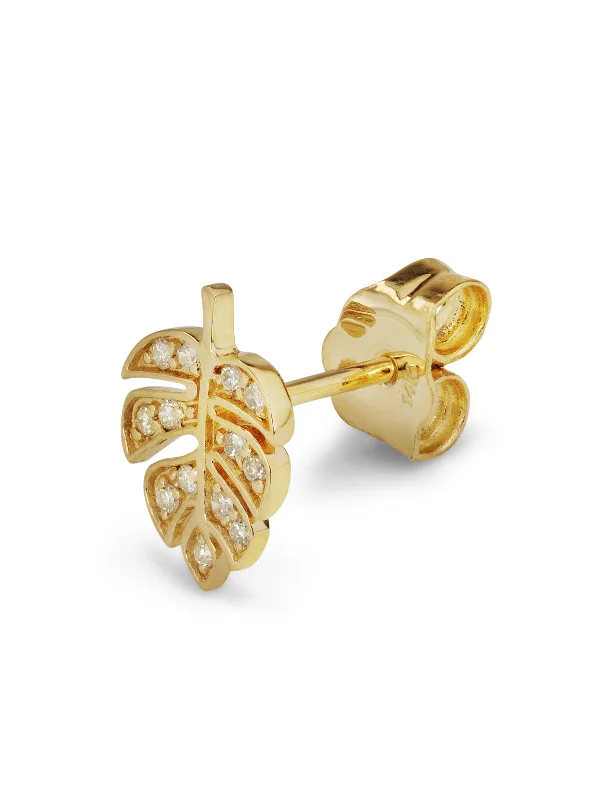 handmade antique silver bangle Tiny Monstera Leaf Yellow Gold Single Stud Earring