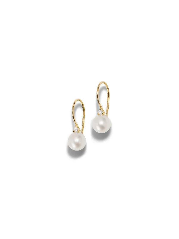 simple gold stacking rings Tiny Pearl On Diamond Ear Wire Yellow Gold Earrings